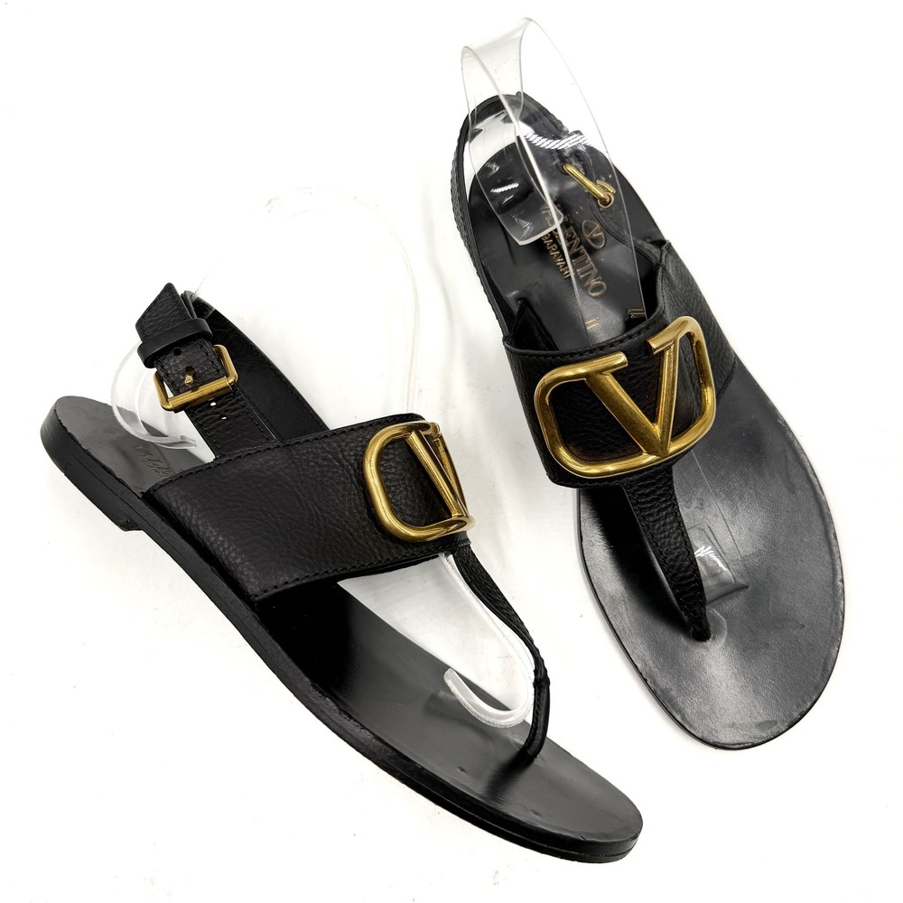 Valentino Garavani VLogo Thong Sandals Black Leather Gold Hardware Sz 36.5 / 6.5